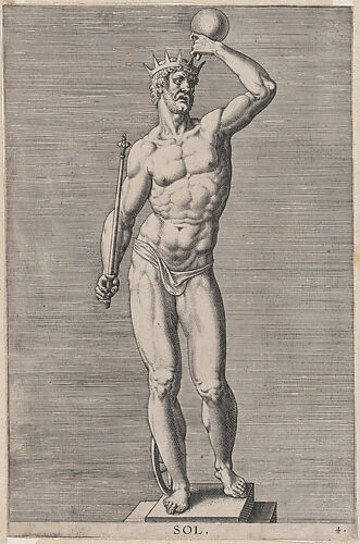 Apollo; statue of the nude god standing on a socle, wearing a crown and holding a scepter in his right hand and an orb in his left, plate 4 from 