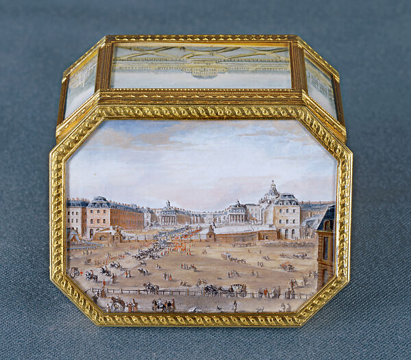 Snuffbox with Views of the Royal Residences, Jean-Joseph Barrière (French, apprenticed 1750, master 1763, active 1793), Engraved and chased gold; crystal; mounted with eleven miniatures in gouache, French 