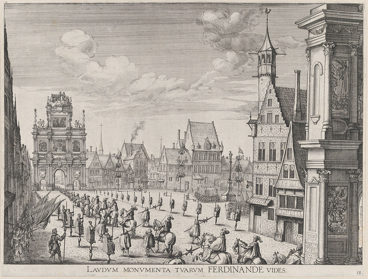 Plate 18: Procession of the Spanish Prince Ferdinand into the city of Ghent, January 28, 1635; from Guillielmus Becanus's 'Serenissimi Principis Ferdinandi, Hispaniarum Infantis...', Johannes Meursius (Flemish, active 1620–47), Etching 