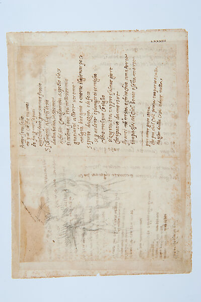 Cod. Vat. Lat. 3211, fol. 88r-v: Study of a bent knee and sonnet “Amor se tu se dio”, Michelangelo Buonarroti (Italian, Caprese 1475–1564 Rome), Pen and brown ink (sonnet), black chalk (drawing) 