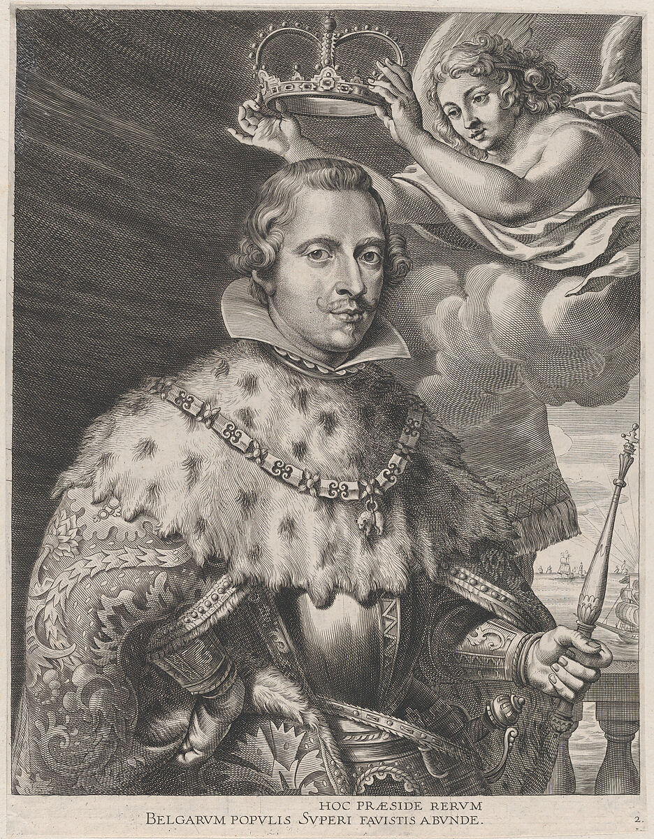 Plate 2: Portrait of Philip IV, King of Spain, being crowned; from Guillielmus Becanus's 'Serenissimi Principis Ferdinandi, Hispaniarum Infantis...', Johannes Meursius (Flemish, active 1620–47), Engraving 