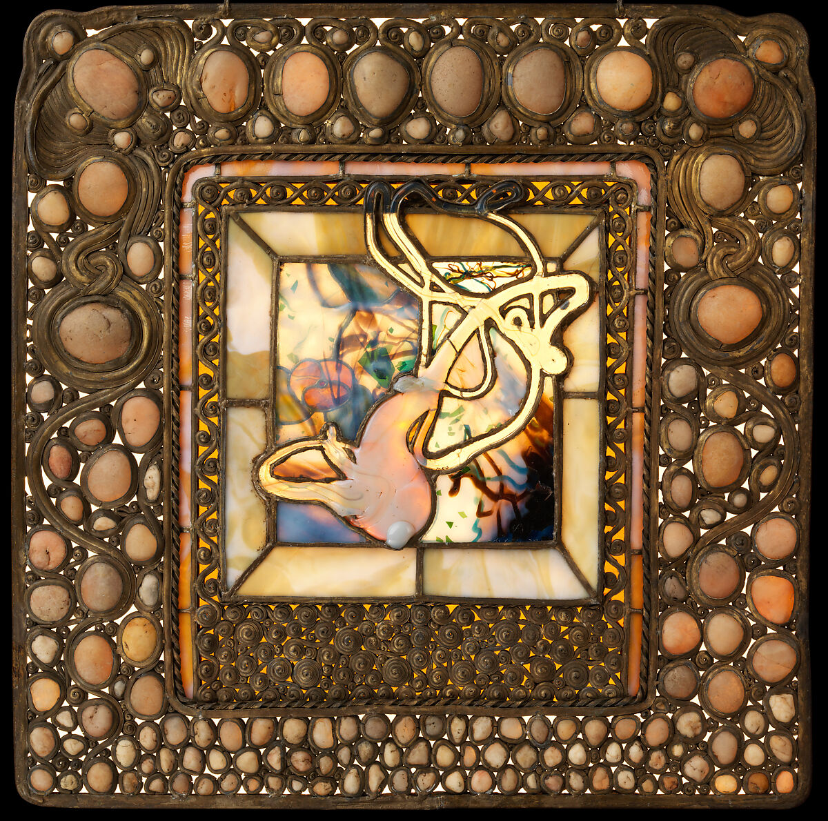 Squash Window with Pebbles, Louis C. Tiffany (American, New York 1848–1933 New York), Glass, beach-worn quartz, lead came, American 