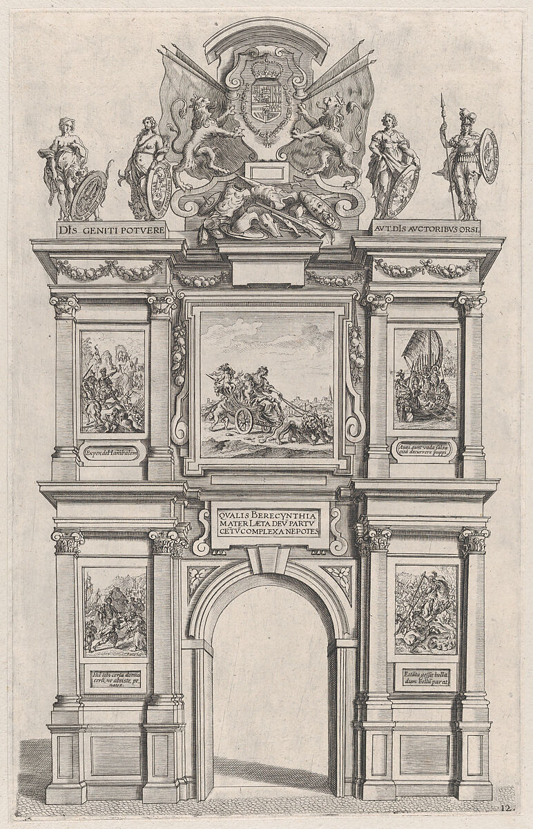 Plate 12: Triumphal arch, elevation of the back facade, surmounted with the arms of Ferdinand and decorated with five mythical or heroic scenes; from Guillielmus Becanus's 'Serenissimi Principis Ferdinandi, Hispaniarum Infantis...', Johannes Meursius (Flemish, active 1620–47), Engraving 