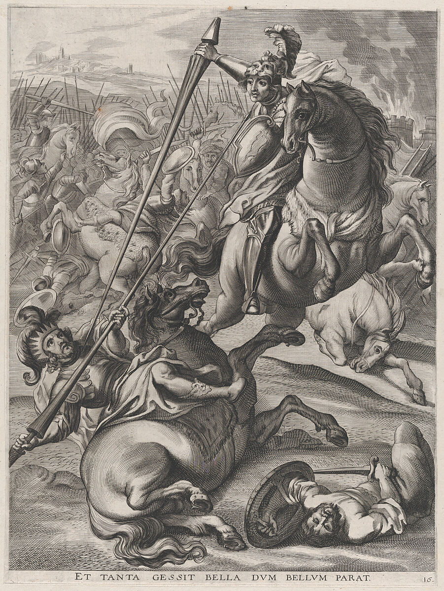 Plate 16: Battle of Achilles against the Trojans; from Guillielmus Becanus's 'Serenissimi Principis Ferdinandi, Hispaniarum Infantis...', Johannes Meursius (Flemish, active 1620–47), Engraving 