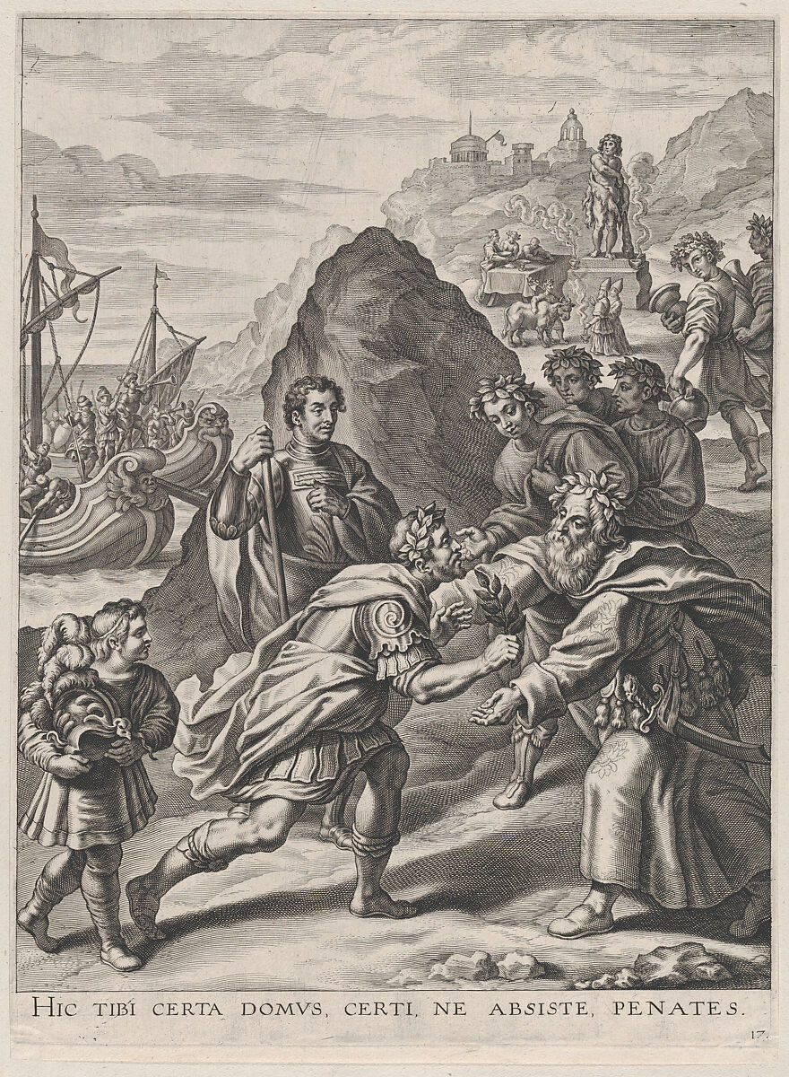 Plate 17: Aeneas welcomed by King Euandrus in Italy; from Guillielmus Becanus's 'Serenissimi Principis Ferdinandi, Hispaniarum Infantis...', Cornelis Galle I (Netherlandish, Antwerp 1576–1650 Antwerp), Engraving 