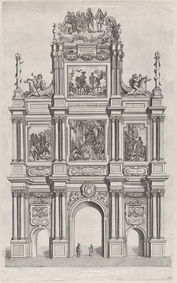 Plate 19: Triumphal arch, elevation of the front, surmounted by a cloud bearing Ferdinand and royal ancestors; from Guillielmus Becanus's 'Serenissimi Principis Ferdinandi, Hispaniarum Infantis...', Johannes Meursius (Flemish, active 1620–47), Engraving 