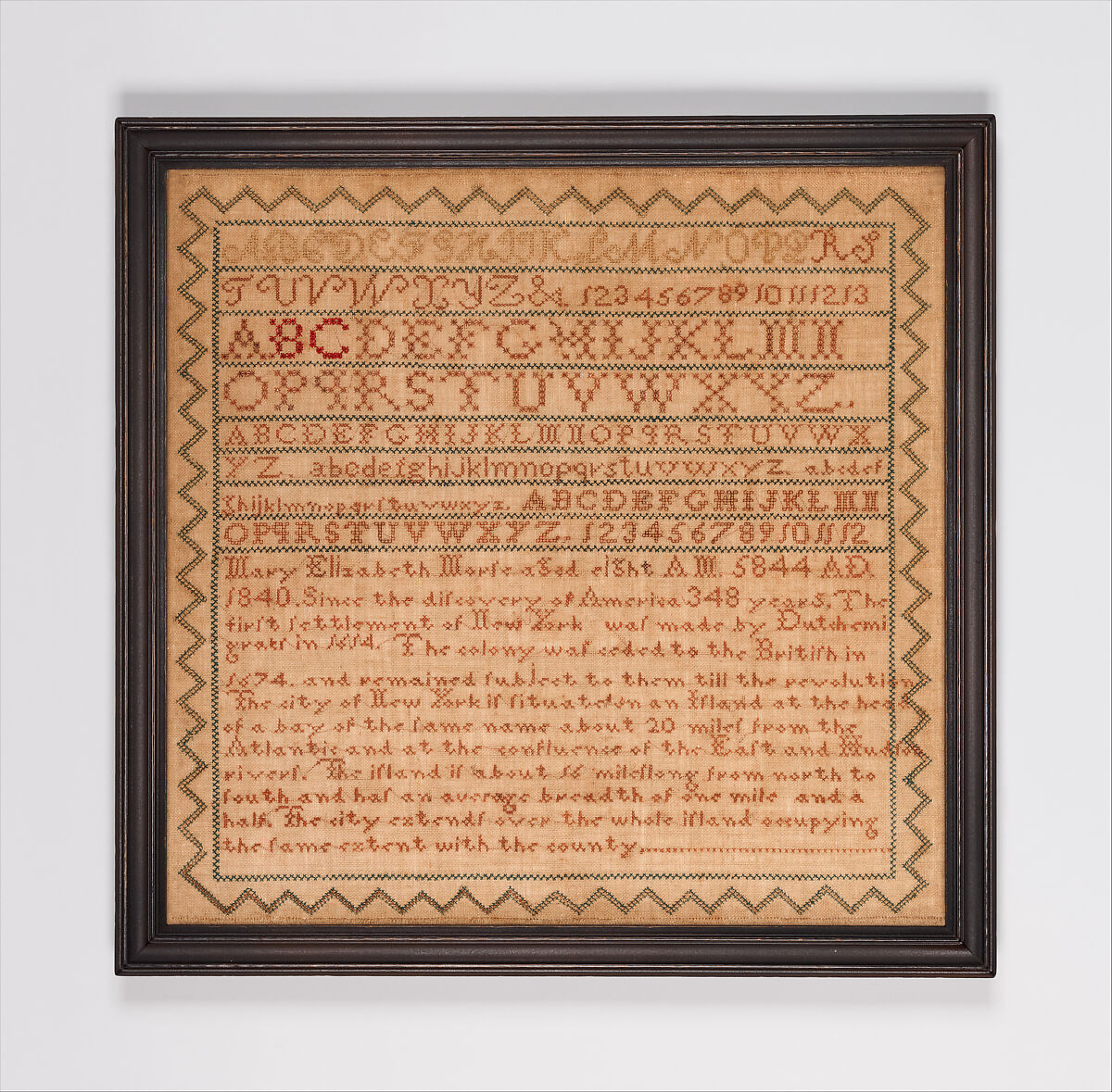 Sampler, Mary Elizabeth Morse (American, born New York, 1832), Silk embroidery on linen, American 