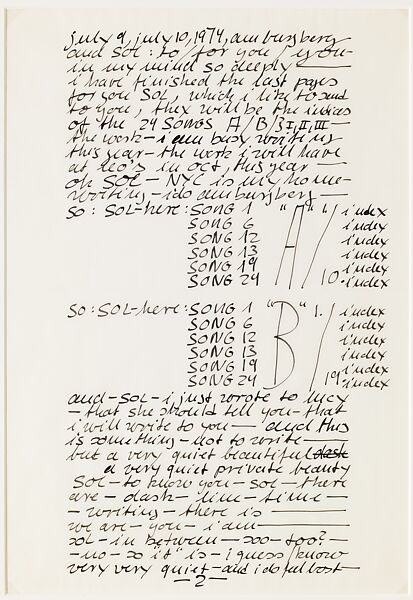Letter (page 2), from the portfolio "Letter and Indices to 24 Songs", Hanne Darboven (German, Munich 1941–2009 Hamburg), Black ink on translucent vellum paper 