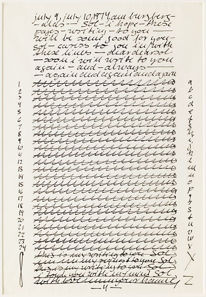 Letter (page 4), from the portfolio "Letter and Indices to 24 Songs", Hanne Darboven (German, Munich 1941–2009 Hamburg), Black ink on translucent vellum paper 