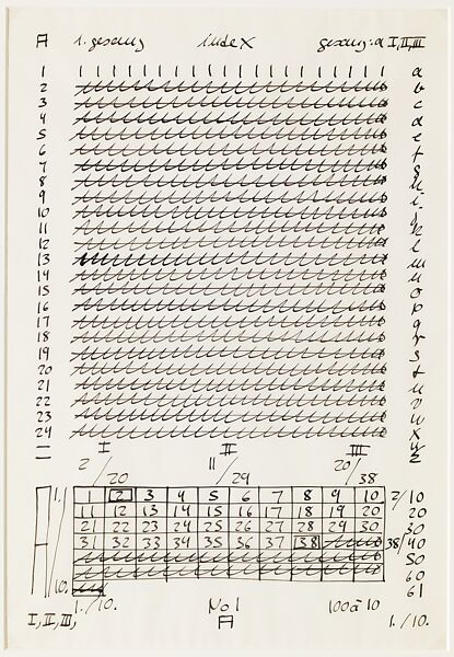 A: 1st Song, from the portfolio "Letter and Indices to 24 Songs", Hanne Darboven (German, Munich 1941–2009 Hamburg), Black ink on translucent vellum paper 