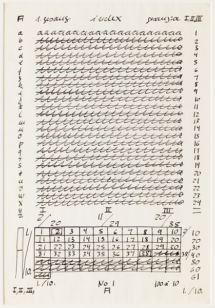 A: 1st Song, from the portfolio "Letter and Indices to 24 Songs", Hanne Darboven (German, Munich 1941–2009 Hamburg), Black ink on translucent vellum paper 