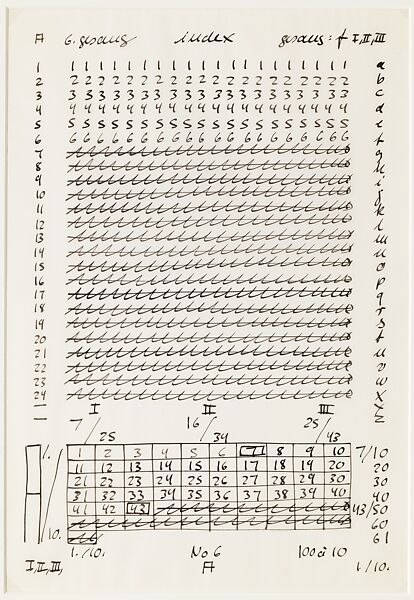 A: 6th Song, from the portfolio "Letter and Indices to 24 Songs", Hanne Darboven (German, Munich 1941–2009 Hamburg), Black ink on translucent vellum paper 
