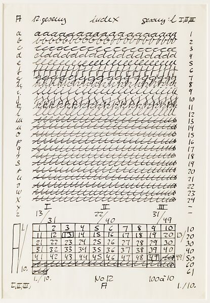 A: 12th Song, from the portfolio "Letter and Indices to 24 Songs", Hanne Darboven (German, Munich 1941–2009 Hamburg), Black ink on translucent vellum paper 