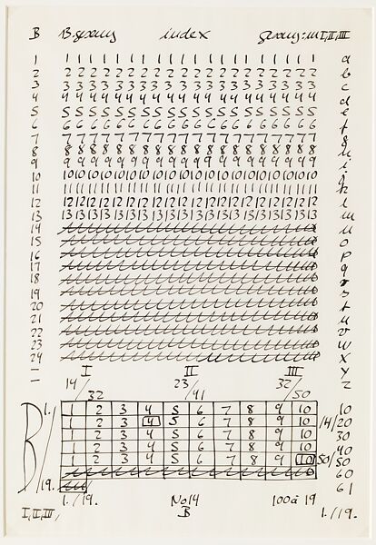 B: 13th Song, from the portfolio "Letter and Indices to 24 Songs", Hanne Darboven (German, Munich 1941–2009 Hamburg), Black ink on translucent vellum paper 