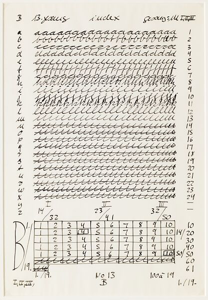 B: 13th Song, from the portfolio "Letter and Indices to 24 Songs", Hanne Darboven (German, Munich 1941–2009 Hamburg), Black ink on translucent vellum paper 