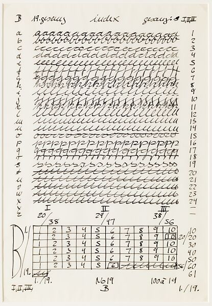 B: 19th Song, from the portfolio "Letter and Indices to 24 Songs", Hanne Darboven (German, Munich 1941–2009 Hamburg), Black ink on translucent vellum paper 
