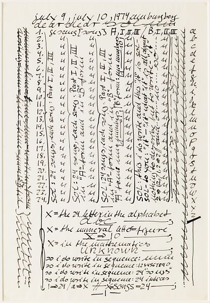 B: 19th Song, from the portfolio "Letter and Indices to 24 Songs", Hanne Darboven (German, Munich 1941–2009 Hamburg), Black ink on translucent vellum paper 