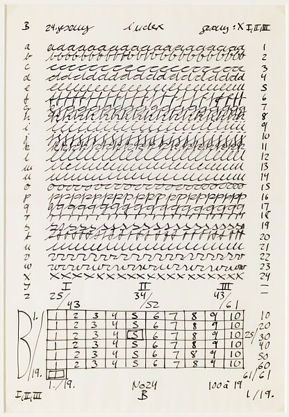 B: 24th Song, from the portfolio "Letter and Indices to 24 Songs", Hanne Darboven (German, Munich 1941–2009 Hamburg), Black ink on translucent vellum paper 