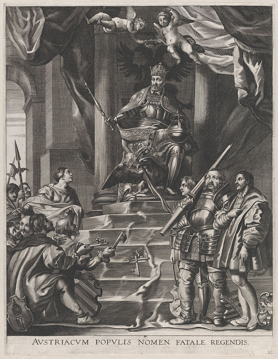 Plate 21: Emperor Charles V being offered the keys of Saxony and Hesse; from Guillielmus Becanus's 'Serenissimi Principis Ferdinandi, Hispaniarum Infantis...', Anton van der Does (Flemish, 1609–1680), Engraving 