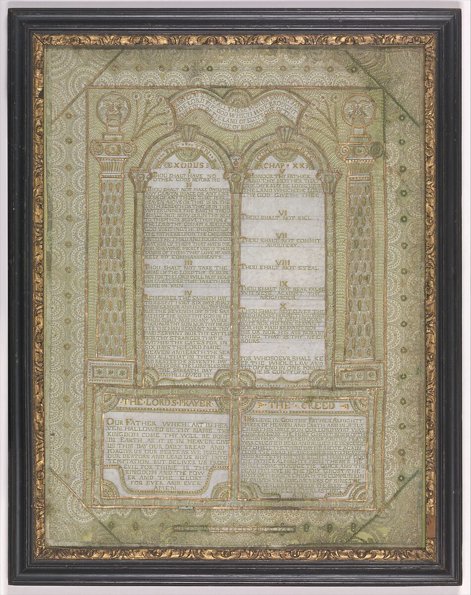 The Ten Commandments, The Lord's Prayer, and The Creed, Thomas Hunter (British, active Edinburgh, ca. 1759), Cut vellum on green silk 
