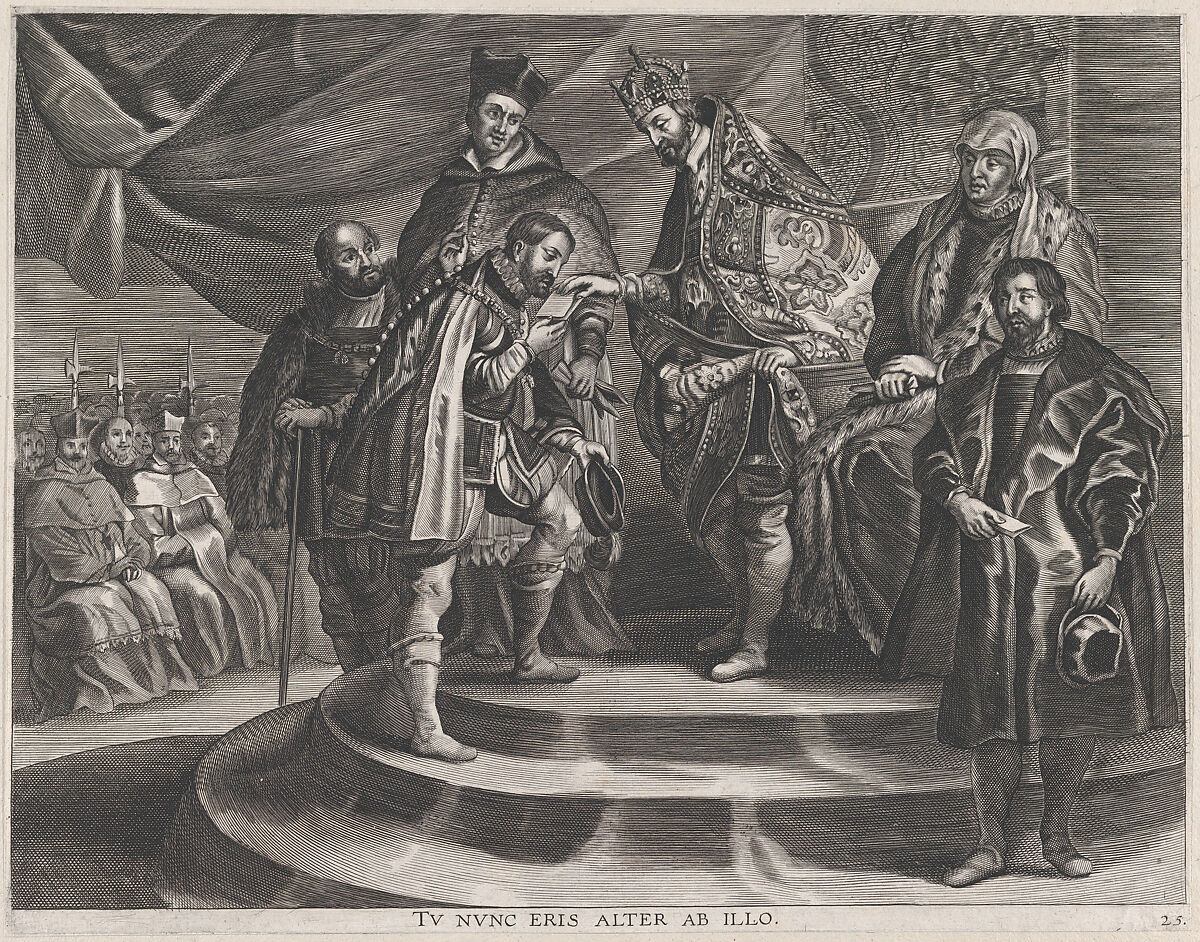 Plate 25: Philip crowned King of Spain by his father, Charles V; from Guillielmus Becanus's 'Serenissimi Principis Ferdinandi, Hispaniarum Infantis...', Anton van der Does (Flemish, 1609–1680), Engraving 