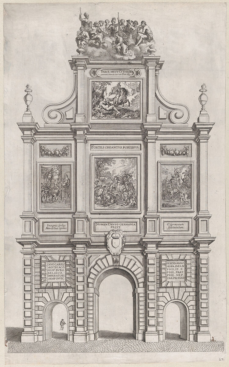 Plate 27: Triumphal arch, elevation of the back, surmounted by allegorical figures and decorated with scenes from Roman mythology and history; from Guillielmus Becanus's 'Serenissimi Principis Ferdinandi, Hispaniarum Infantis...', Johannes Meursius (Flemish, active 1620–47), Engraving 