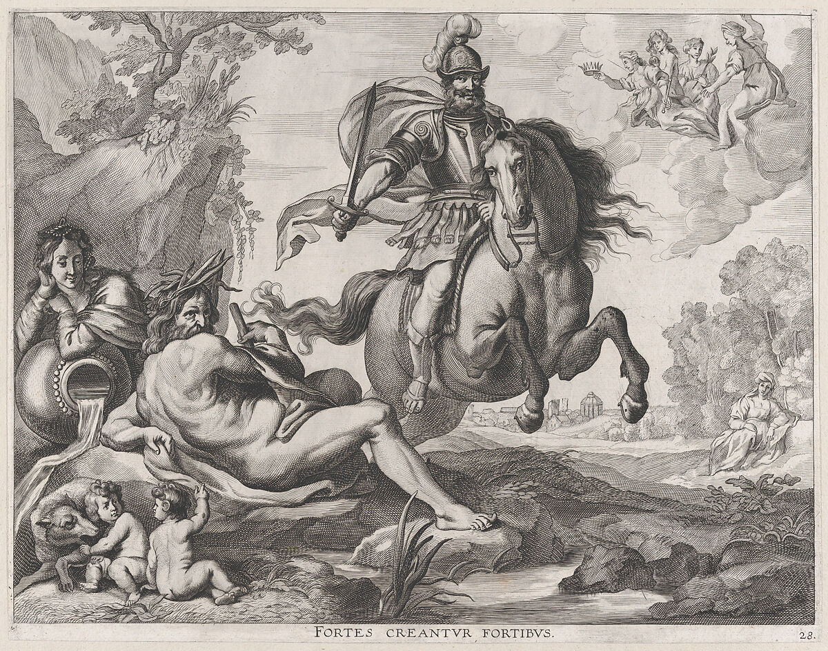 Plate 28: Mars on horseback at center, and Romulus and Remus with the wolf at lower left; from Guillielmus Becanus's 'Serenissimi Principis Ferdinandi, Hispaniarum Infantis...', Jacob Neeffs (Flemish, Antwerp 1610–after 1660 Antwerp), Engraving 