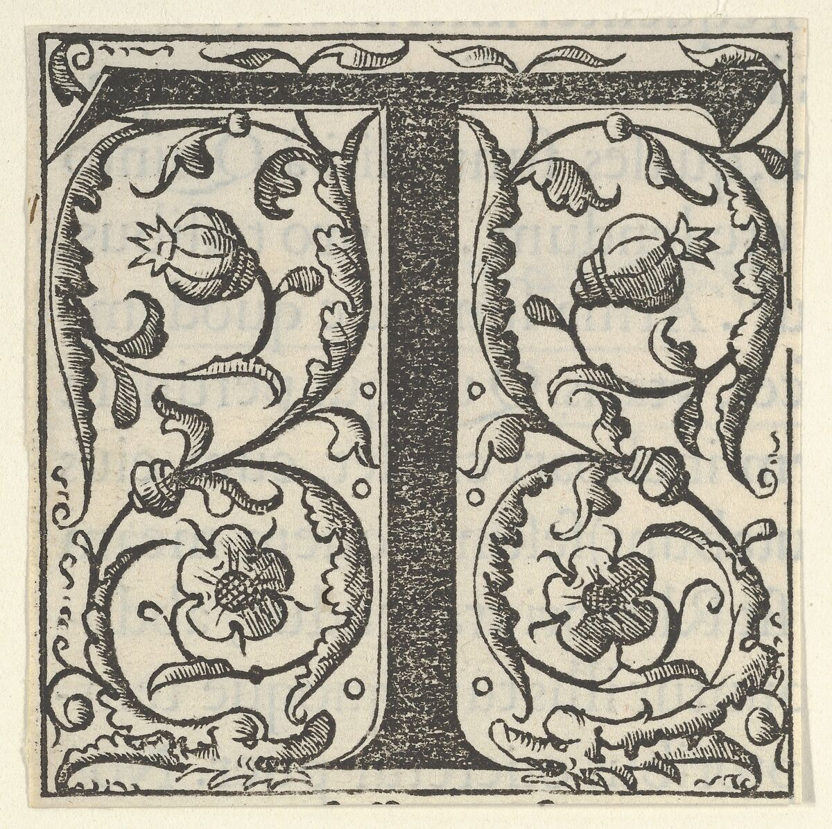 Initial letter T with garlands, Woodcut 