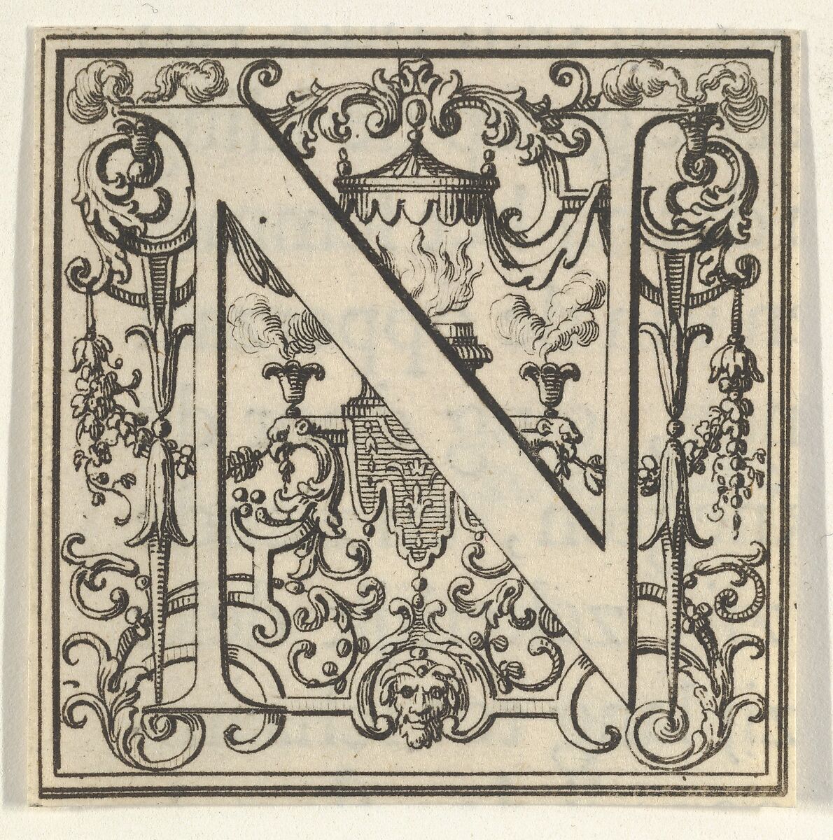 Roman Alphabet letter N with Louis XIV decoration, Bernard Picart (French, Paris 1673–1733 Amsterdam), Engraving 