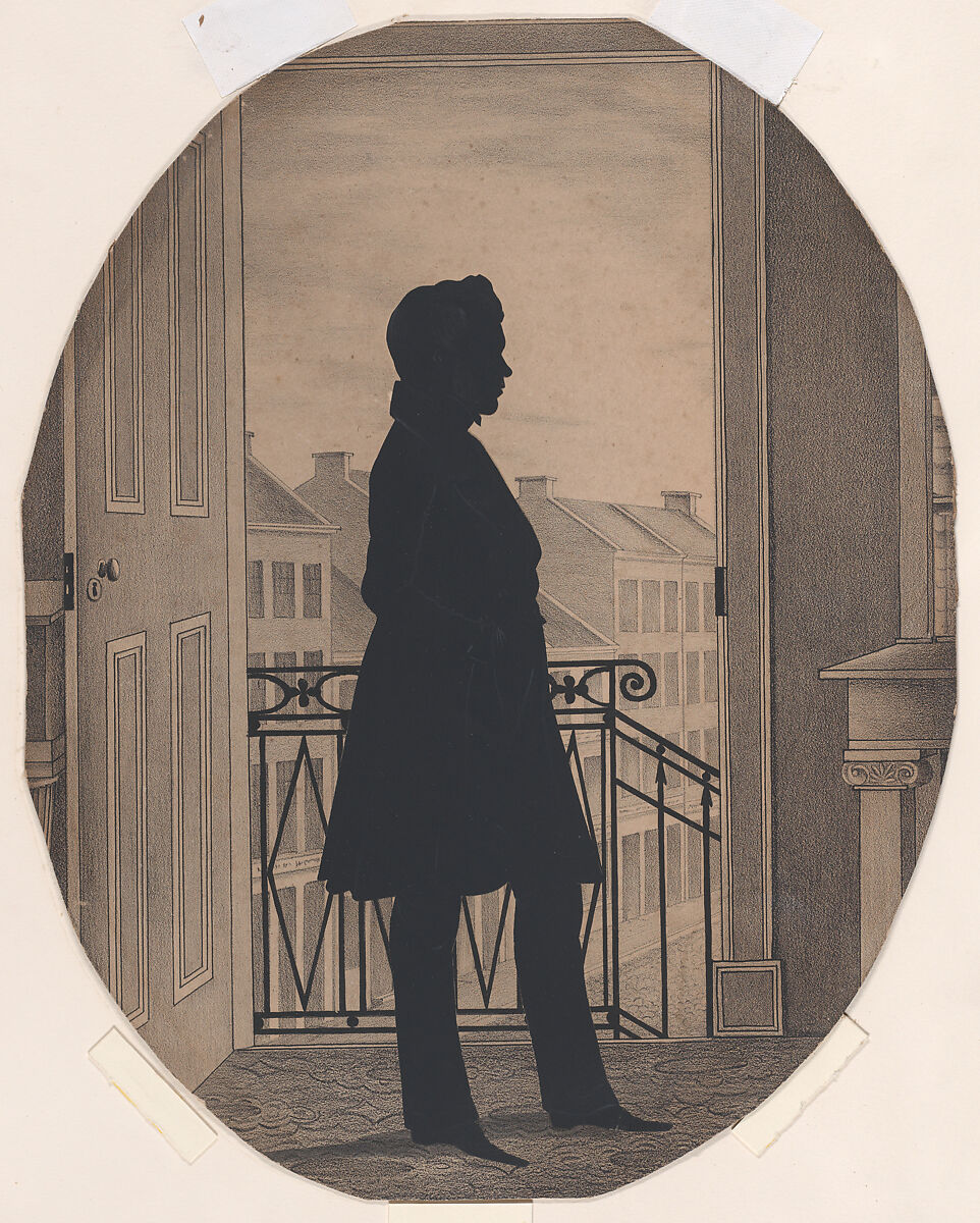 Silhouette of a Young Man Before an Open Window, Facing Right, William Henry Brown (American, Charleston, South Carolina 1808–1883 Charleston, South Carolina), Cut paper against a lithographic background 