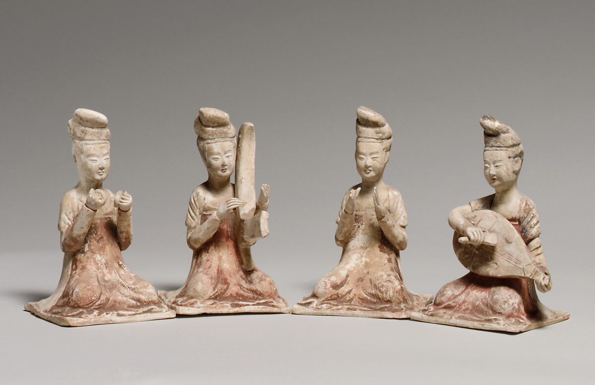 Seated Female Musicians, Earthenware with pigment, China 