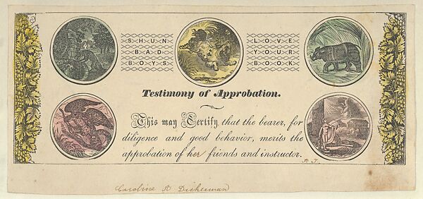 Testimony of Approbation, Anonymous, American, 19th century, Hand colored engraving with letterpress 