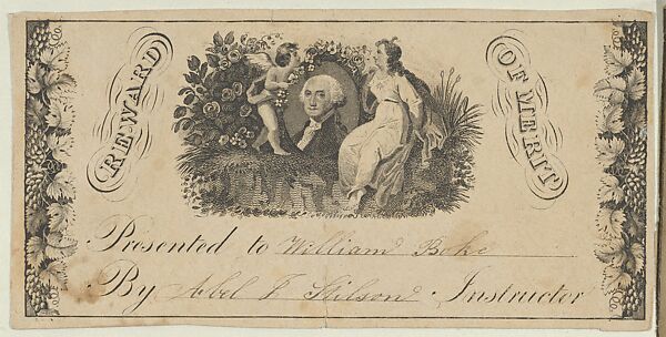 Reward of Merit card with portrait of George Washington, Anonymous, American, 19th century, Engraving 