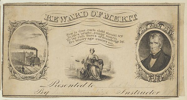 Reward of Merit card with portrait of Andrew Jackson, Anonymous, American, 19th century, Engraving 