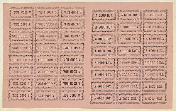 Sheet of Reward of Merit cards, Anonymous, American, 19th century, Letterpress 