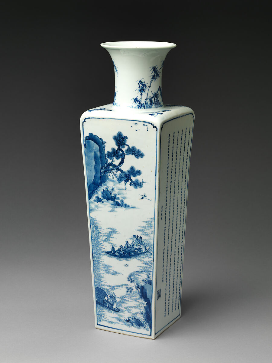 Square-form vase with decoration of Su Shi’s first and second “Rhapsody on Red Cliff”, Porcelain painted in underglaze cobalt blue (Jingdezhen ware), China