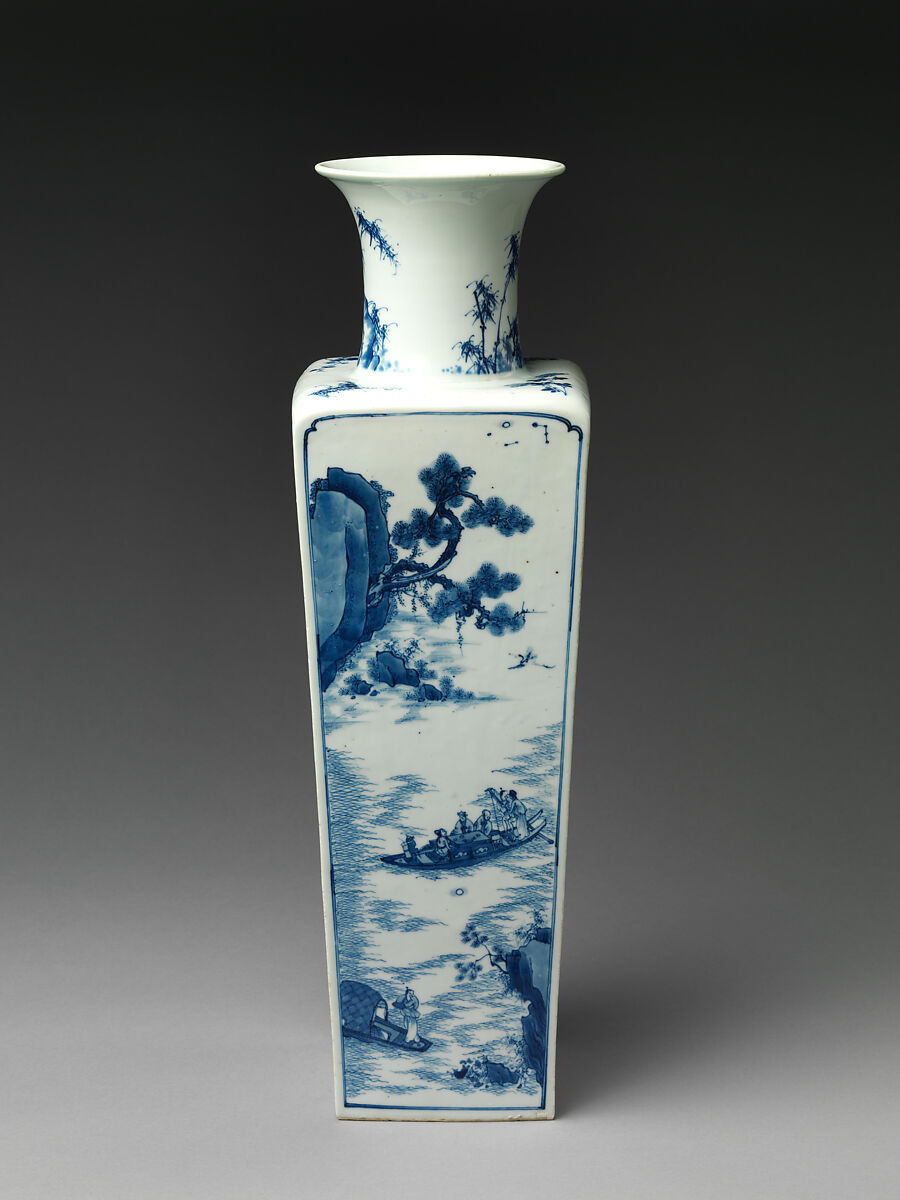 Square-form vase with decoration of Su Shi’s first and second “Rhapsody on Red Cliff”, Porcelain painted in underglaze cobalt blue (Jingdezhen ware), China