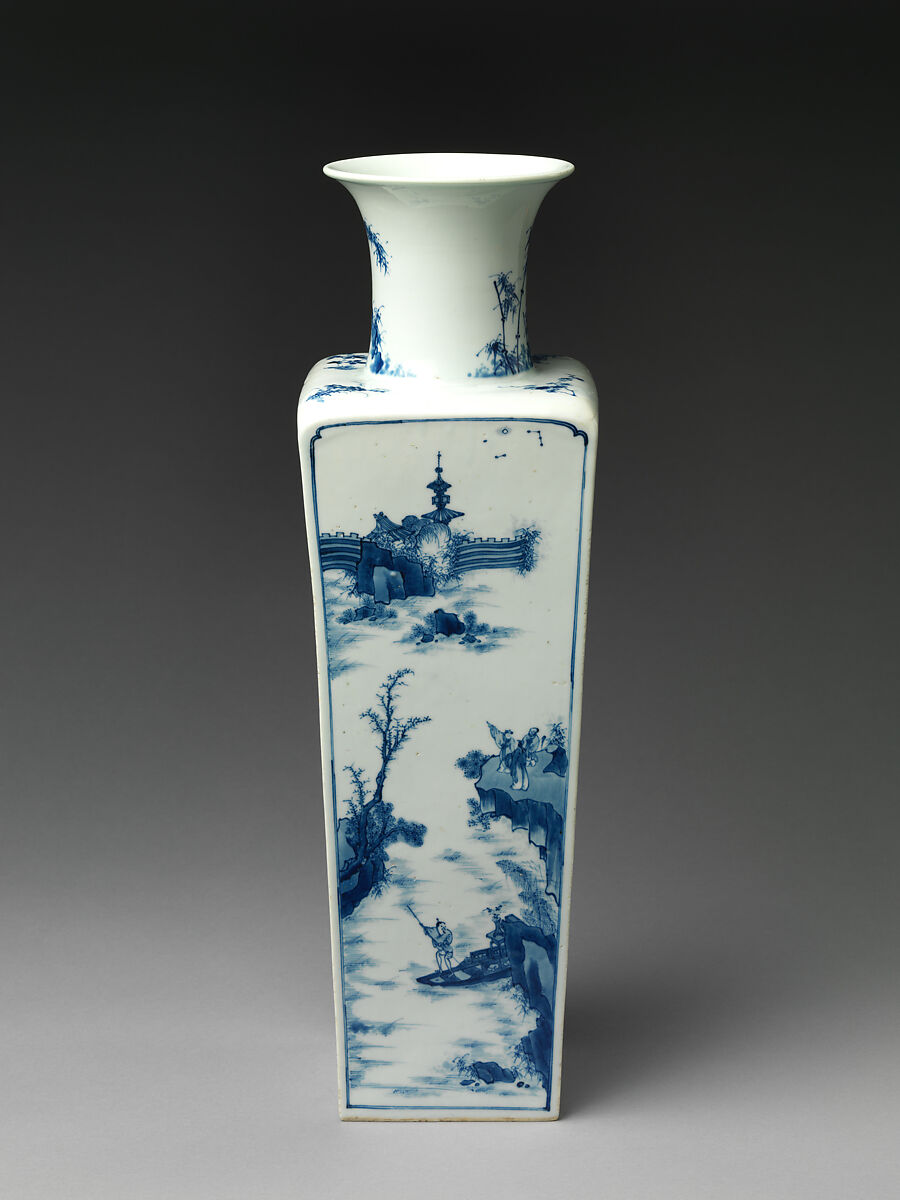 Square-form vase with decoration of Su Shi’s first and second “Rhapsody on Red Cliff”, Porcelain painted in underglaze cobalt blue (Jingdezhen ware), China