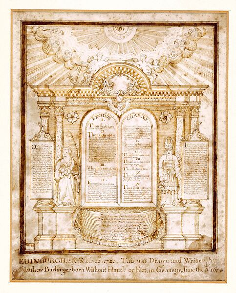 Ten Commandments, personalized to John Thomson and family, merchant of Edinburgh, Matthias Buchinger (German, Ansbach 1674–1739), Ink on vellum 