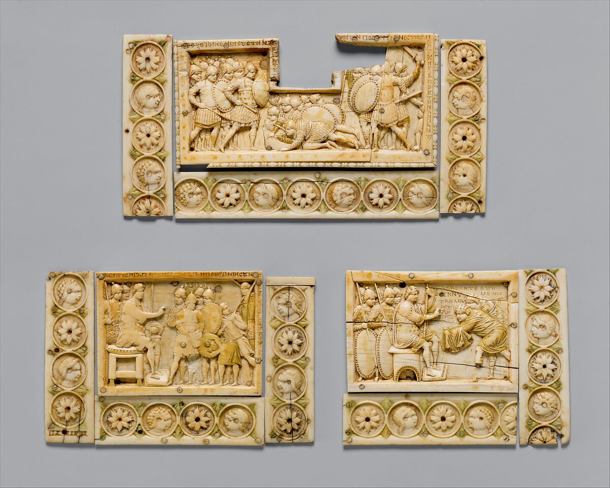 Plaques with Scenes from the Story of Joshua, Ivory, traces of polychromy, gilding; bone (border strips), Byzantine 