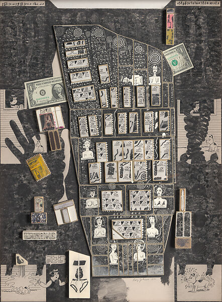Henry Fonda Foot Dollar Bill, Ray Johnson (American, Detroit, Michigan 1927–1995 Sag Harbor, New York), Ink, cut and pasted, printed and painted papers mounted to cardboard and sanded on painted board 