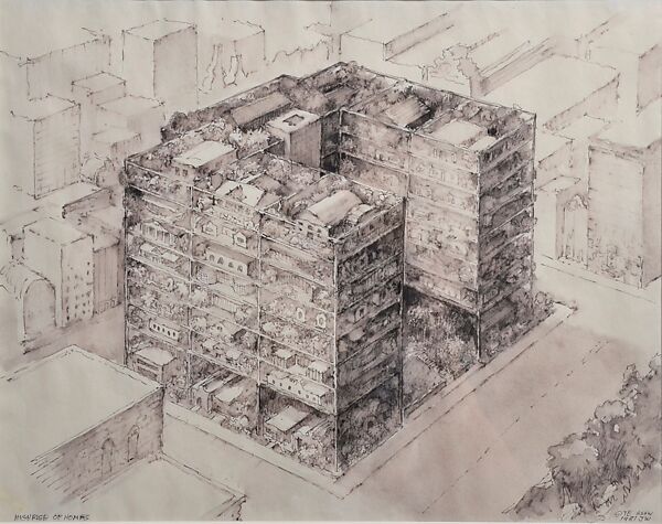Highrise of Homes, James Wines (American, born Oak Park, Illinois, 1932), Ink and graphite on paper 