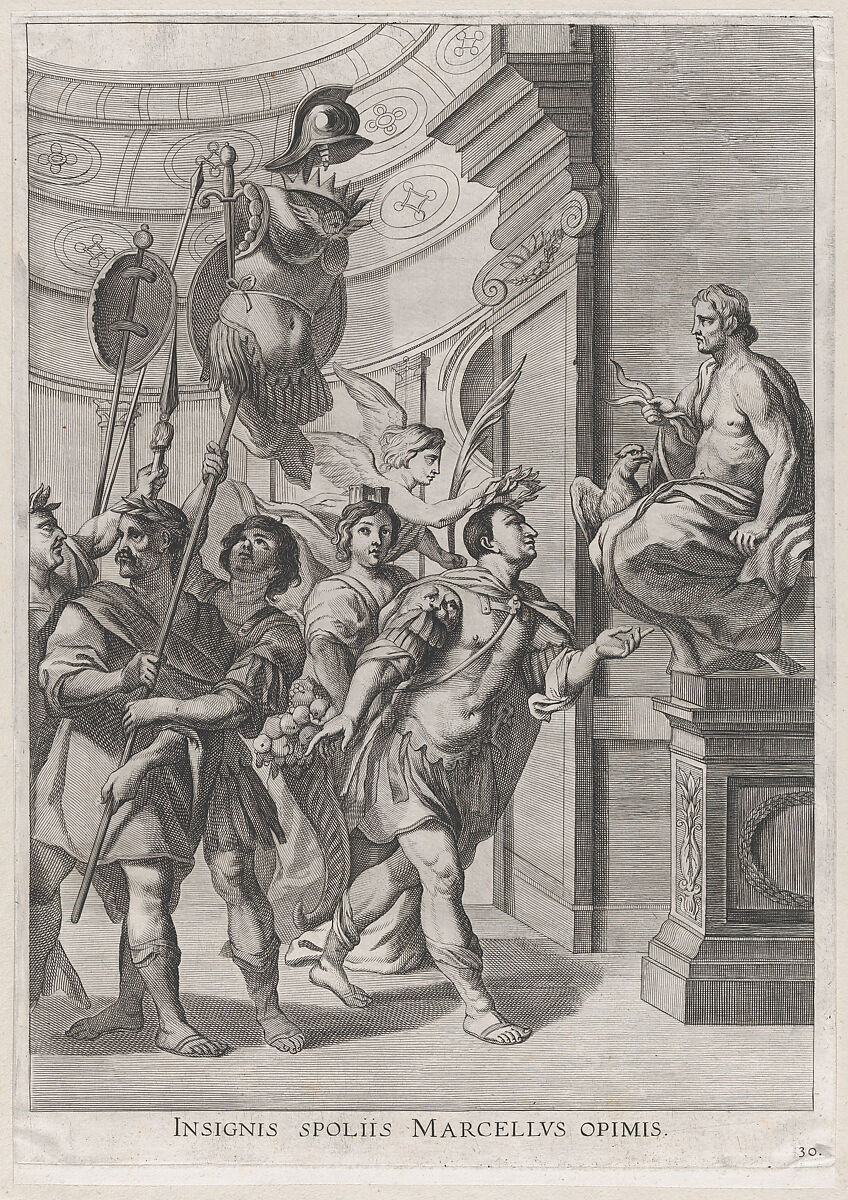 Plate 30: Marcellus dedicating the spoils of war to Jupiter; from Guillielmus Becanus's 'Serenissimi Principis Ferdinandi, Hispaniarum Infantis...', Johannes Meursius (Flemish, active 1620–47), Engraving 