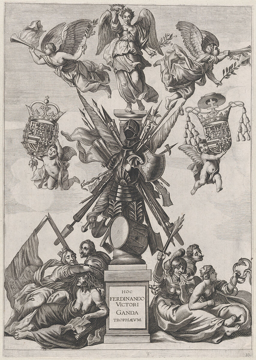 Plate 33: Armorial trophy on a Tuscan column, surrounded by allegorical figures and cherubs bearing the armorial shields of Ferdinand; from Guillielmus Becanus's 'Serenissimi Principis Ferdinandi, Hispaniarum Infantis...', Johannes Meursius (Flemish, active 1620–47), Engraving 