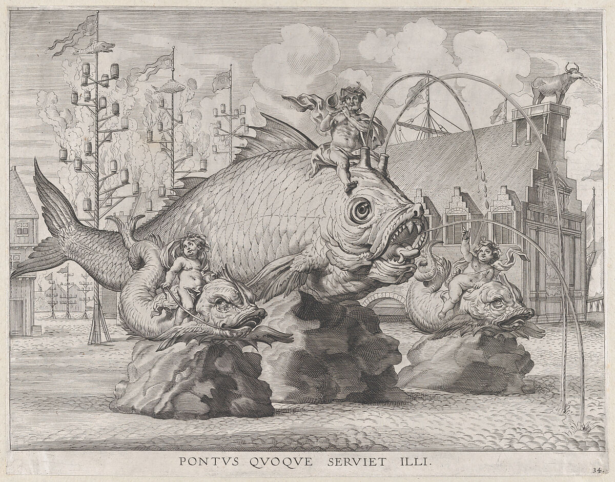 Plate 34: King Ferdinand as Neptune, seated on a whale at center, with putti atop two small fish on either side; from Guillielmus Becanus's 'Serenissimi Principis Ferdinandi, Hispaniarum Infantis...', Jacob Neeffs (Flemish, Antwerp 1610–after 1660 Antwerp), Engraving 