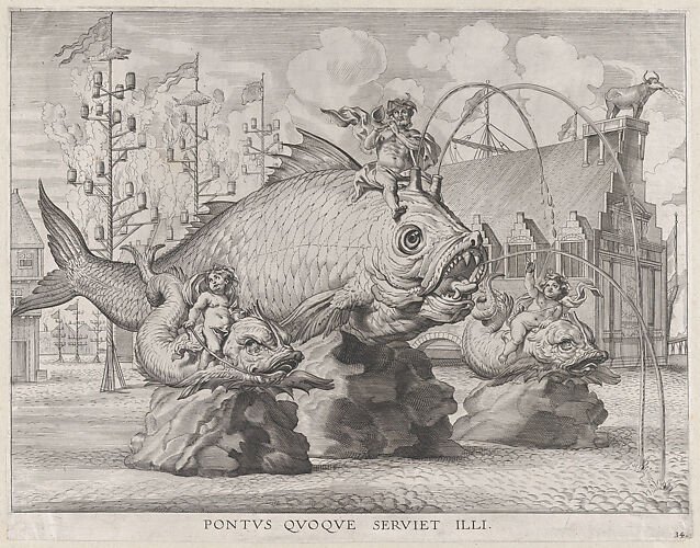 Plate 34: King Ferdinand as Neptune, seated on a whale at center, with putti atop two small fish on either side; from Guillielmus Becanus's 'Serenissimi Principis Ferdinandi, Hispaniarum Infantis...'