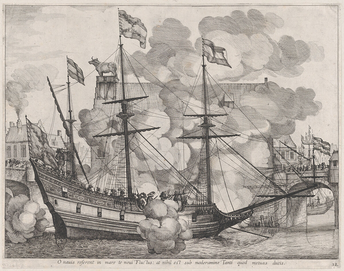 Plate 38: Triumphal ship with the city of Ghent in the background; from Guillielmus Becanus's 'Serenissimi Principis Ferdinandi, Hispaniarum Infantis...', Johannes Meursius (Flemish, active 1620–47), Engraving 