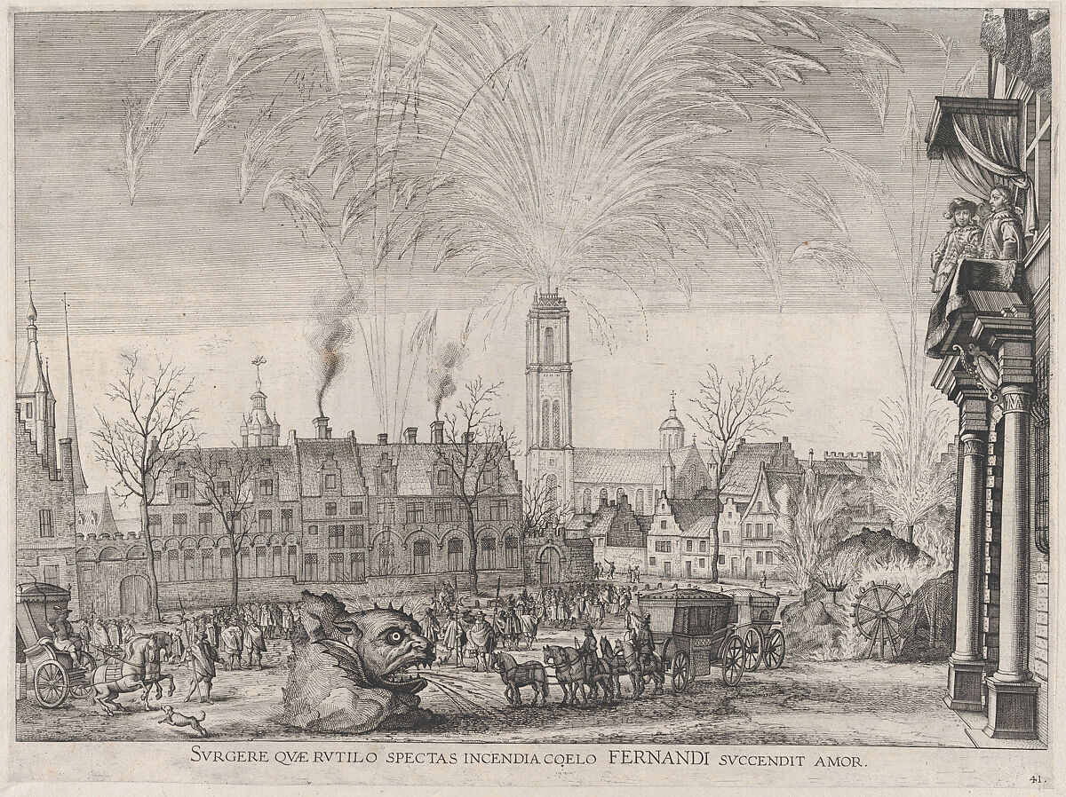 Plate 41: Fireworks display in city square with Ferdinand watching from a balcony at right; from Guillielmus Becanus's 'Serenissimi Principis Ferdinandi, Hispaniarum Infantis...', Johannes Meursius (Flemish, active 1620–47), Engraving 