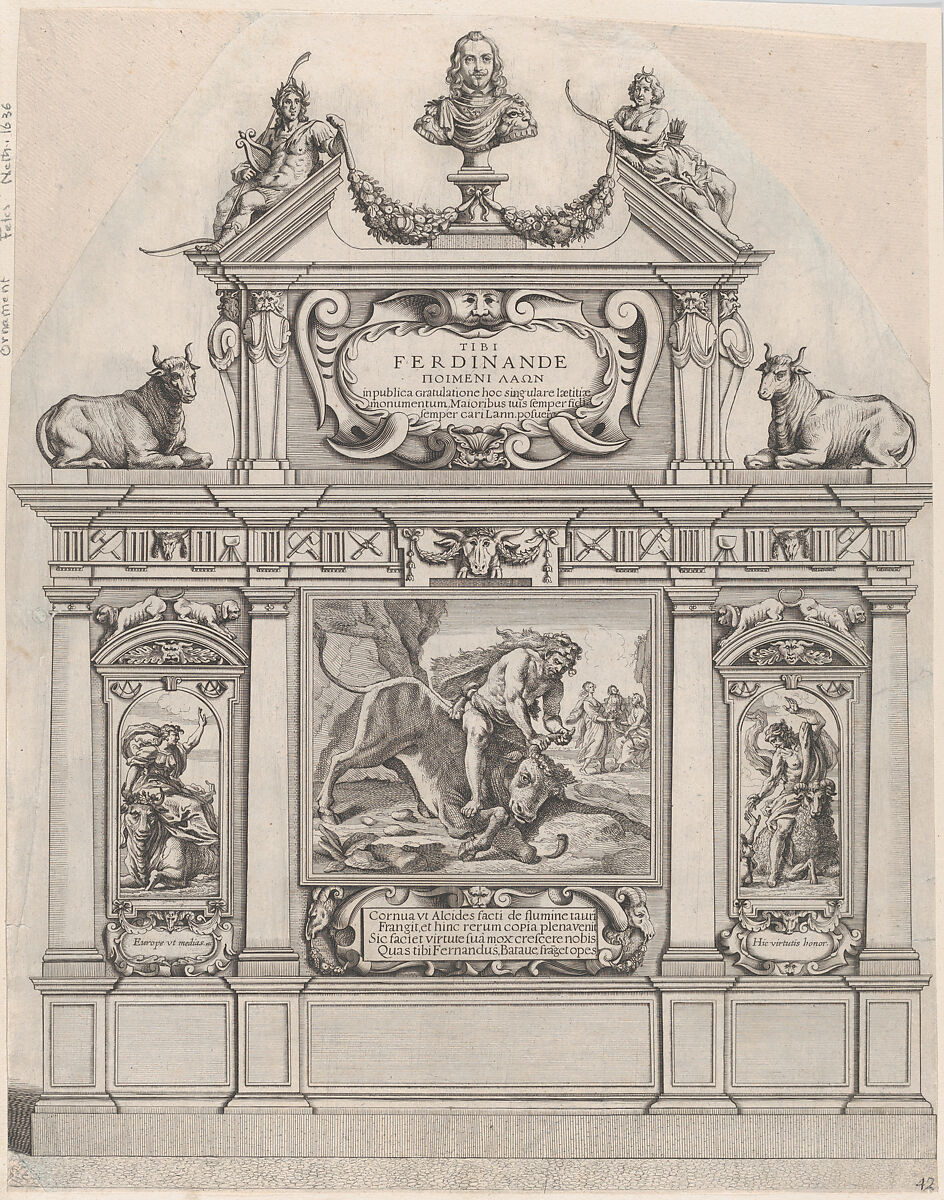 Plate 36: Triumphal arch, surmounted with a portrait bust of Ferdinand, flanked by sculptures of Apollo and Diana; ornamented with allegorical scenes below; from Guillielmus Becanus's 'Serenissimi Principis Ferdinandi, Hispaniarum Infantis...', Johannes Meursius (Flemish, active 1620–47), Engraving 