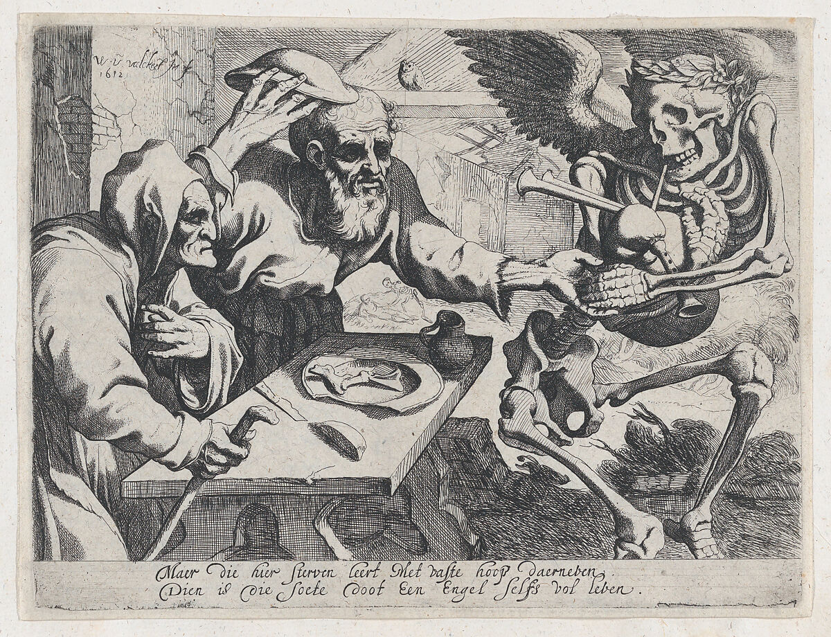 Old Couple and Death with Bagpipes, Werner van den Valckert (Dutch, The Hague, 1580/85–1627 Amsterdam), Etching with engraving; second state of four 
